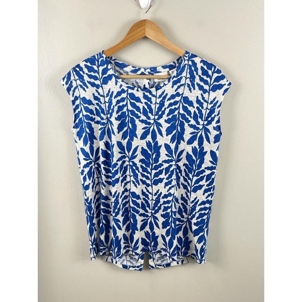 Rachel Zoe Blouse T-shirt 100% Linen Floral White Blue Buttons Sm Coastal Beach